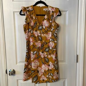 LOFT Floral Midi Dress in Mustard and Pink